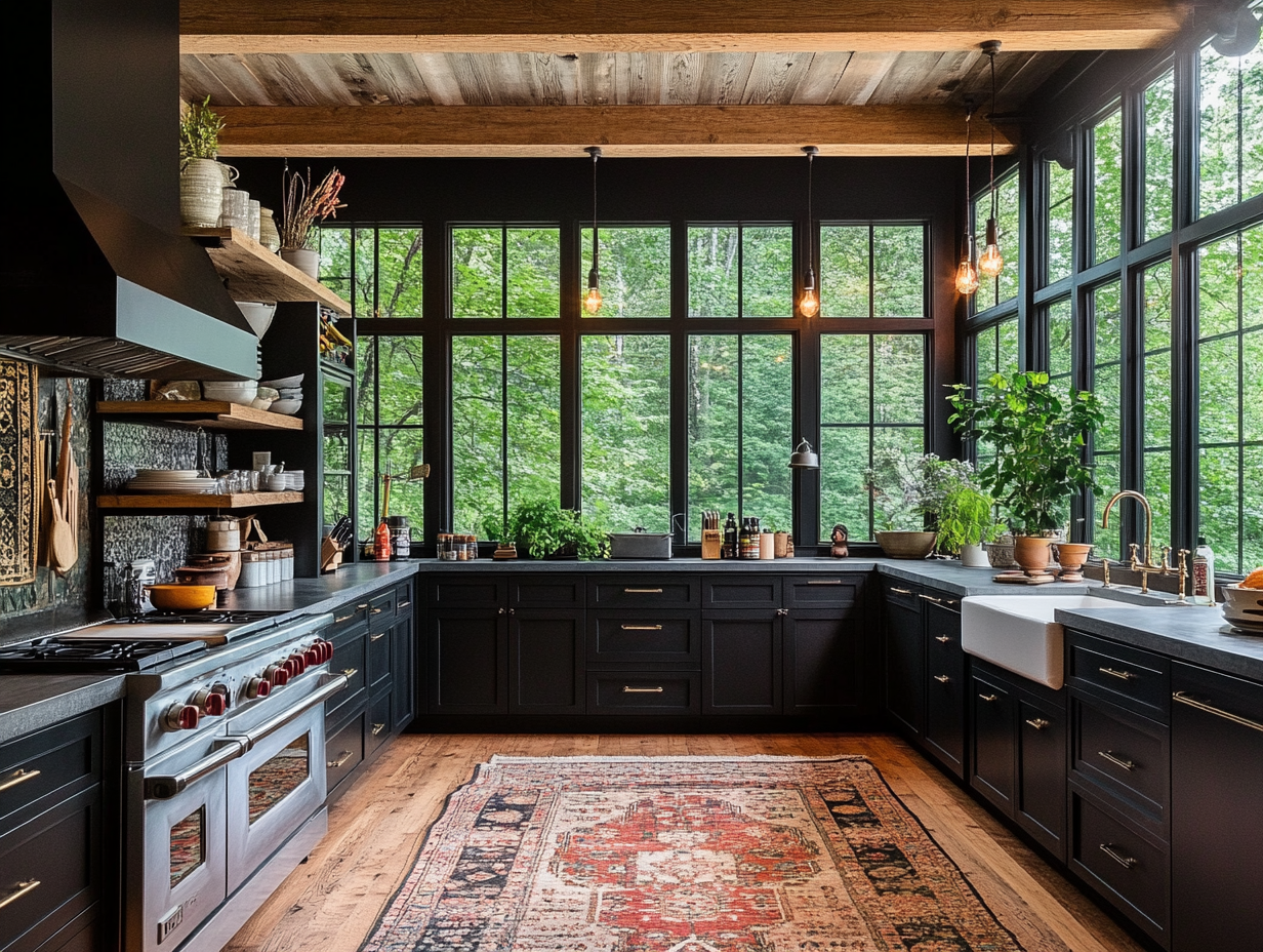 Spacious rustic farmhouse kitchen with dark gray and black cabinets, wooden ceiling beams, wide windows overlooking forest, area rug on natural wood floors, vintage pendant lights, potted plant, high ceilings, and shelves filled with cooking ingredients and pots.