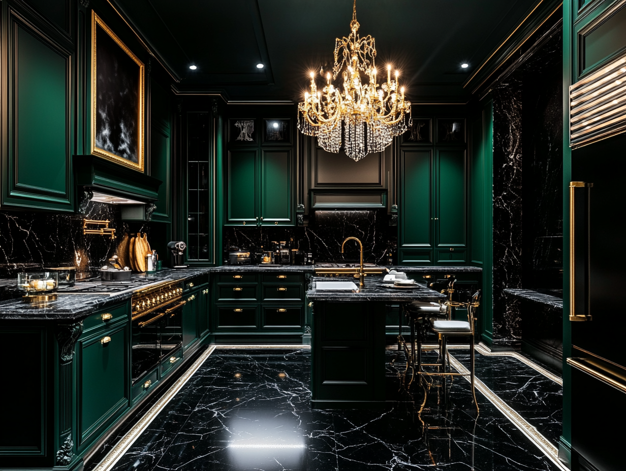 Dark green kitchen featuring vintage-inspired cabinets, black and white marble floor tiles, a gold chandelier above the sink, and glossy dark walls, designed in classic French interior style, captured in high-resolution photography with Hasselblad X2D50C.