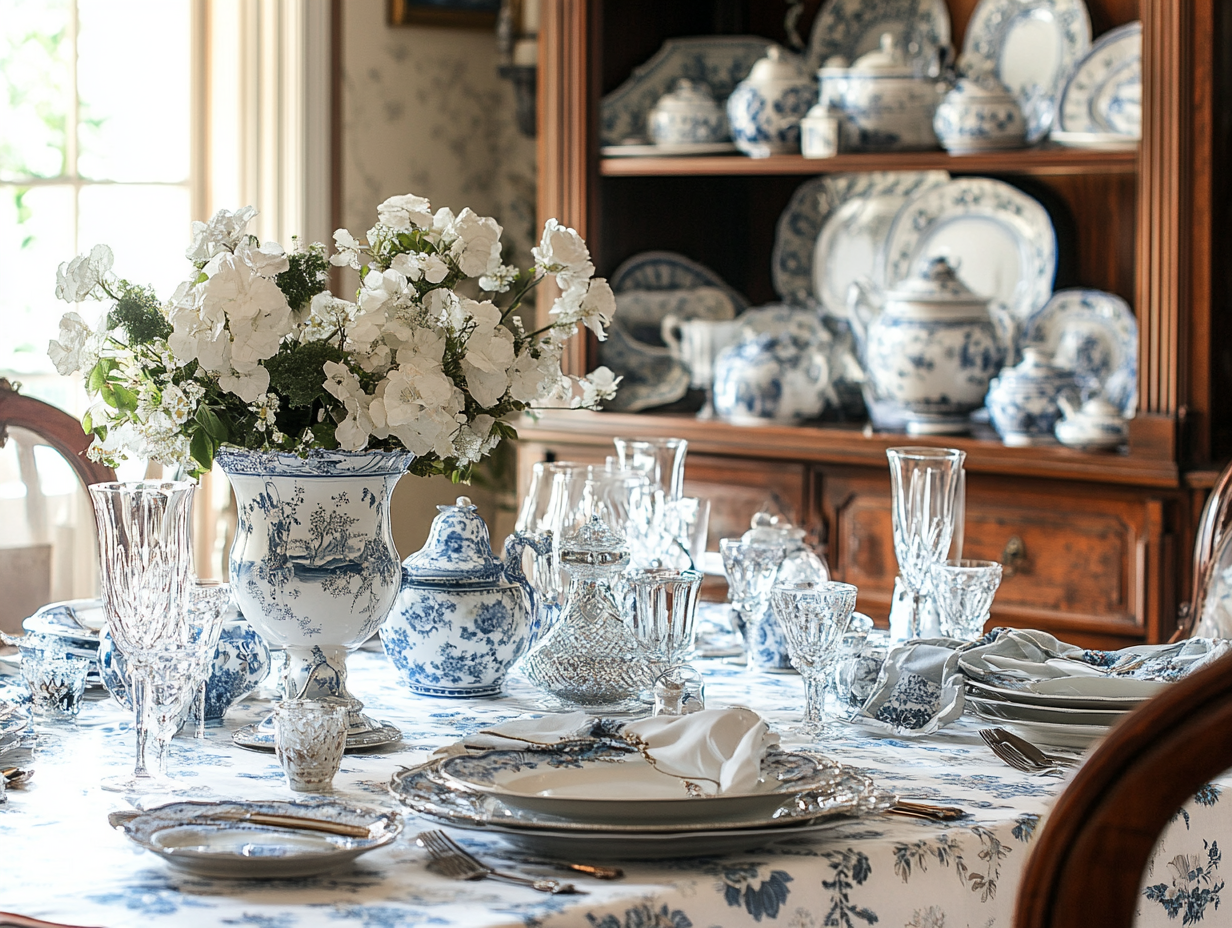 Elegant dining table set with white and blue floral linen, crystal glasses, china plates, and cutlery, adorned with flowers in vases, against a backdrop of an antique wooden cabinet filled with porcelain dishes, bathed in soft natural light for a warm, romantic ambiance.