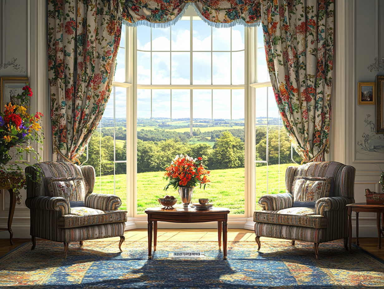 A large window in an English country house living room adorned with floral curtains, featuring two armchairs and a coffee table on a blue Persian rug, overlooking lush green fields, with a vase of flowers, bathed in warm sunlight, hyper-realistic photography in the style of [Artist name].