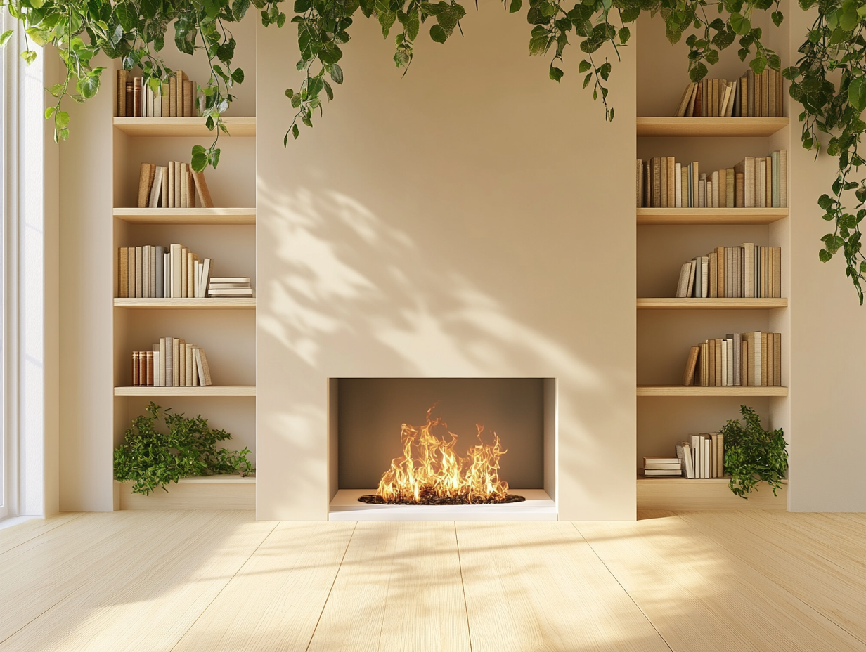 Cozy minimalist room featuring a modern fireplace with built-in bookshelves on either side, adorned with hanging green plants, soft natural lighting, light wood accents, and a white solid surface, creating a warm and inviting atmosphere.