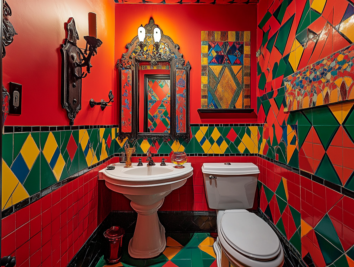 "Frankenstein Gothic and Mardi Gras-inspired bathroom featuring bright red walls, colorful diamond patterns, white tiles, black trim, a small sink, decorative mirror, and intricate emerald green, blue, yellow, and orange designs, showcasing a vibrant and festive New Orleans cultural atmosphere."