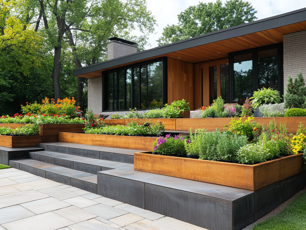 Front yard of a modern mid-century house featuring raised steel flower and herb beds, surrounded by trees, with gray stone steps leading to an elegant door framed in black, showcasing light brick facade, large windows, and dark glass, captured with a Canon EOS camera.