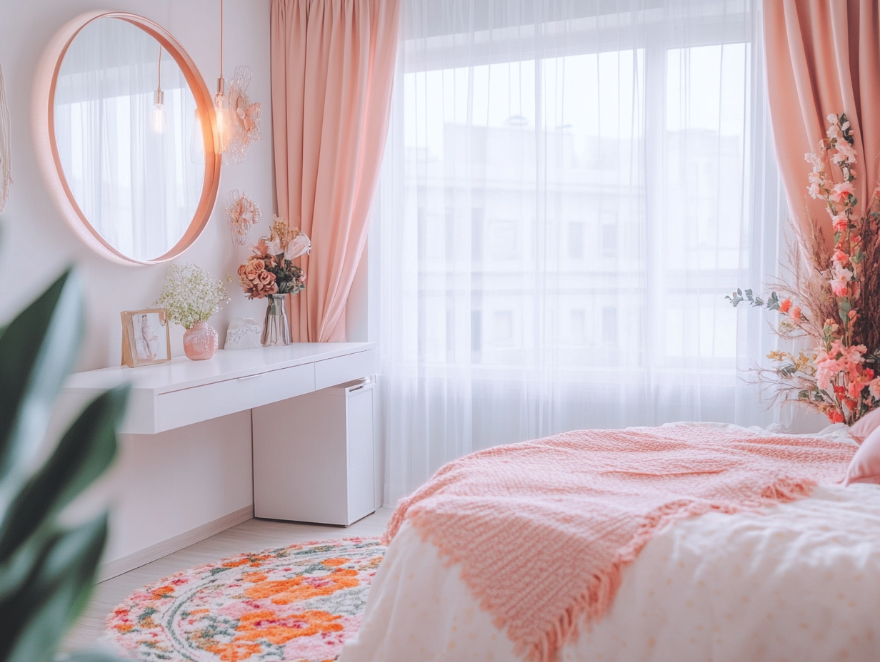 Pastel-themed girl's bedroom interior design featuring pink and orange accents, a white desk in front of the bed, a large round mirror above the headboard, a colorful floral rug, sheer curtains allowing natural light, and modern lighting from ceiling lights and hanging lamps. High-resolution photo captured with a Canon EOS camera.