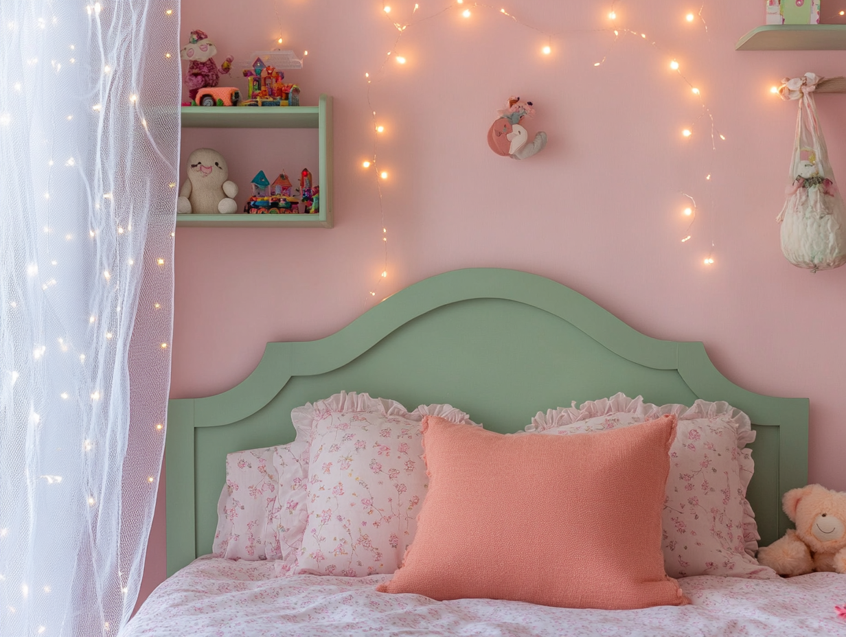 Uncluttered girl's bedroom with pastel pink walls, fairy lights, cute toys on shelves, a green wooden bed frame draped with white netting curtains, and a coral pillow against playful floral patterns, perfect for girls aged three to six.