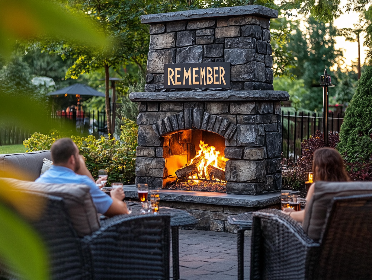 "Cozy outdoor patio with a grand stone fireplace inscribed with 'REMEMBER,' featuring comfortable seating; a couple enjoying drinks by the fire at Wendigo late-night bar in St. Clair Lakes Bluewater Village, Michigan, captured with a Canon EOS camera and wide-angle lens."