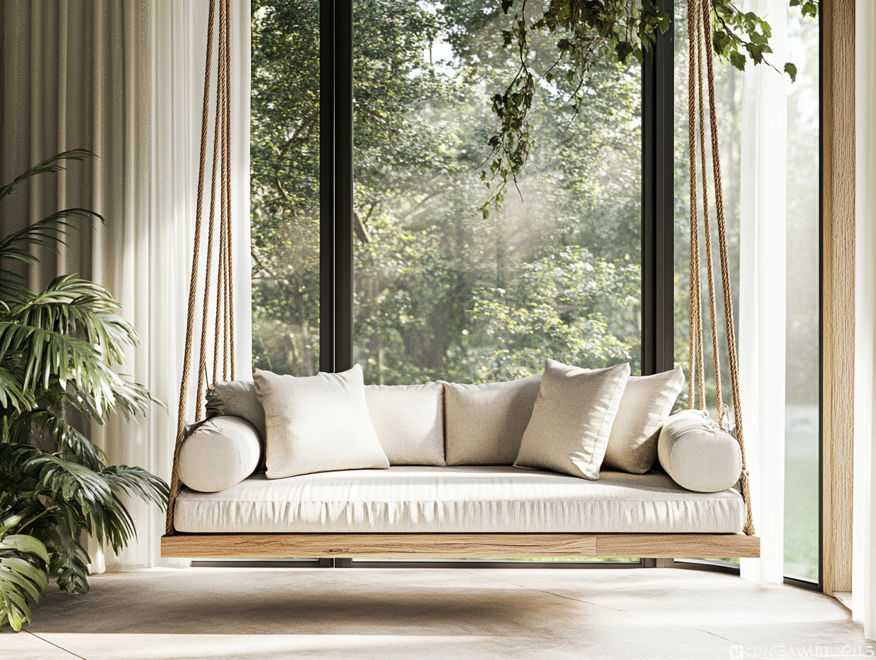 "Hanging sofa in Japandi style against large windows with nature view, featuring natural light, clean lines, muted colors, and a minimalist wooden support structure, creating a tranquil and elegant atmosphere."