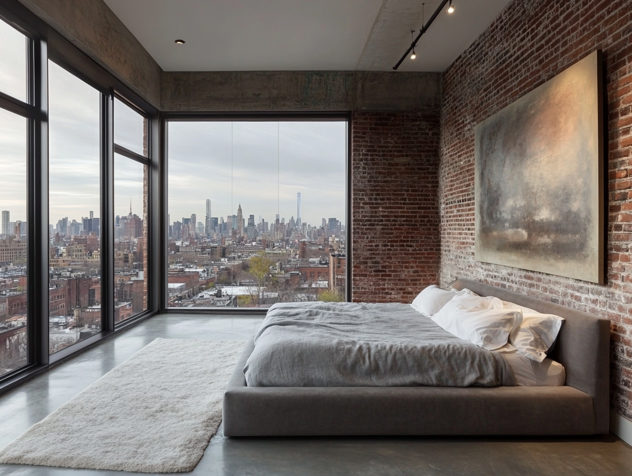 Large industrial style bedroom with raw brick walls, concrete floors, gray fabric bed with white pillows, floor-to-ceiling windows showcasing city views, neutral-toned painting, and soft overhead lighting creating a warm contemporary atmosphere.