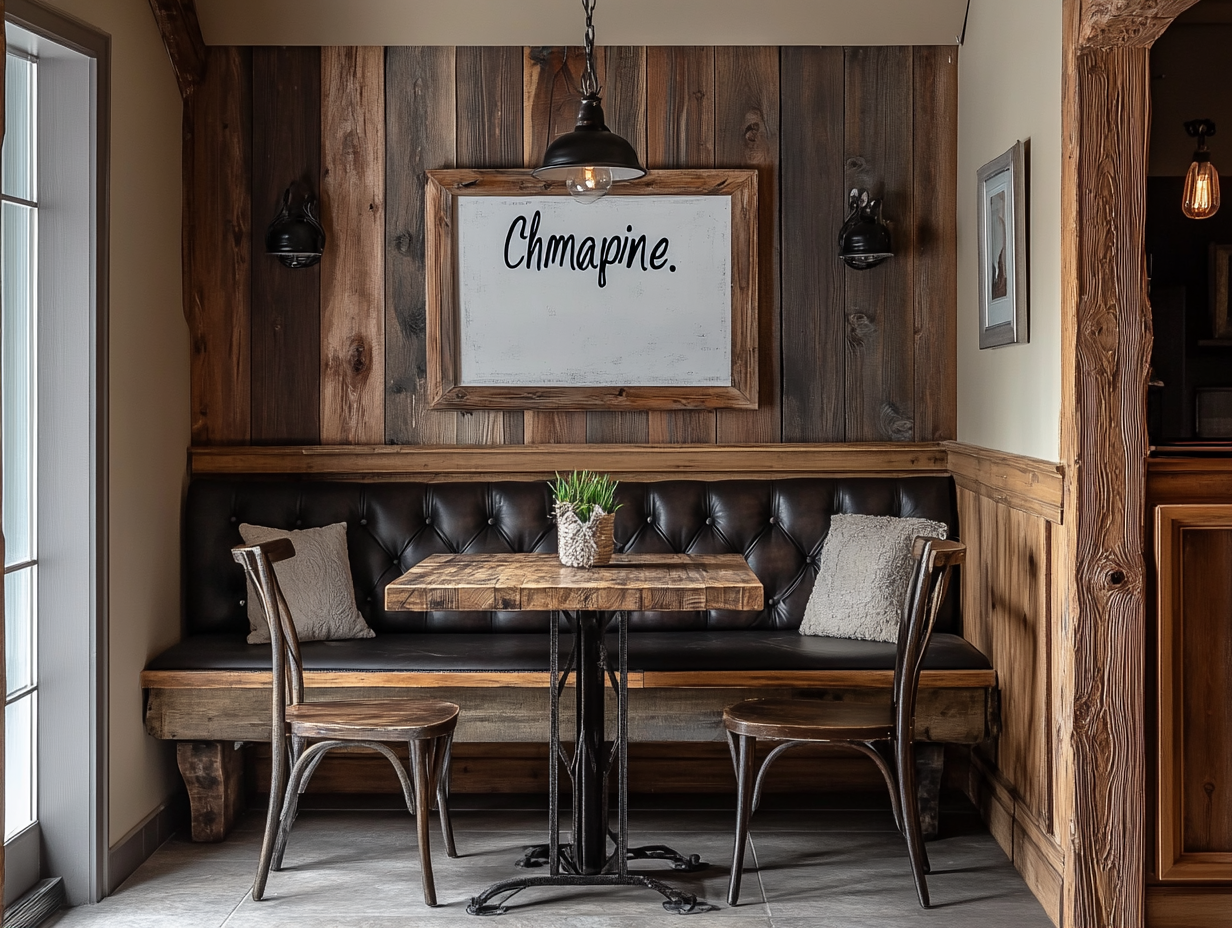 Alt text: "Inviting farmhouse-style entryway featuring a rustic leather bench, distressed wood beams, and a wooden console table. A framed vintage whiteboard displaying 'Chmapine' adds charm to the decor. Captured from above using a Sony Alpha A7 III with a 35mm f/2.8 lens, f4 aperture, ISO 600, shutter speed 9, and softbox studio lighting for a realistic photographic effect."