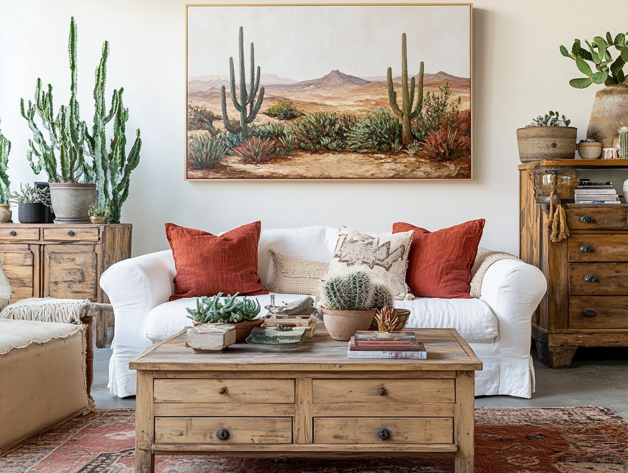 "Inviting living room with rustic decor, showcasing warm earthy tones, cacti, a large desert landscape painting above a white linen sofa with red pillows, a natural wood coffee table with plants, wooden dressers filled with books and artwork, and a textured rug creating a cozy ambiance."