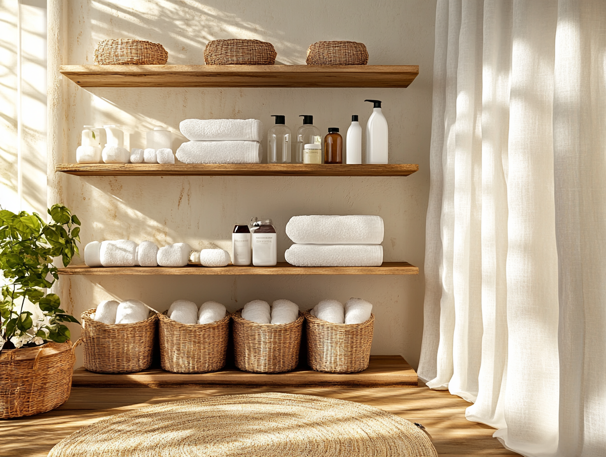 Inviting laundry room with wooden shelves filled with white towels, wicker baskets, and glass bottles of eco-friendly detergent, warm sunlight filtering through sheer curtains, vintage rug enhancing cozy ambiance, focus stacking used for detail.