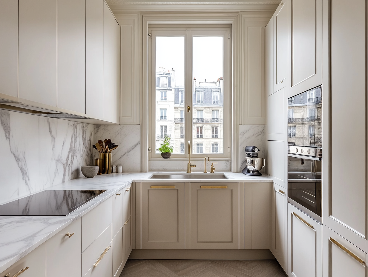 Modern minimalist kitchen in a Parisian apartment on the Champs-Élysées featuring white marble and gold accents, light beige cabinets, a marble backsplash, stainless steel sink, brass accessories, and a stunning view of Parisian buildings through the window, with grey floors and white walls.