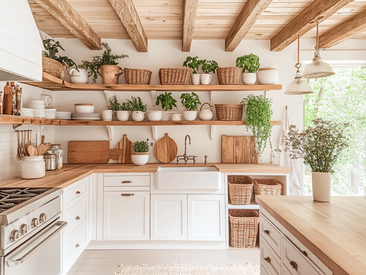 Ultra-wide shot of a modern kitchen featuring white cabinets, wooden shelves, and light-colored wood beams. A dining table adorned with wicker baskets is positioned near the wall, while each cabinet is topped with baskets filled with fresh plants and flowers, showcasing an open concept design that blends functionality and warmth.