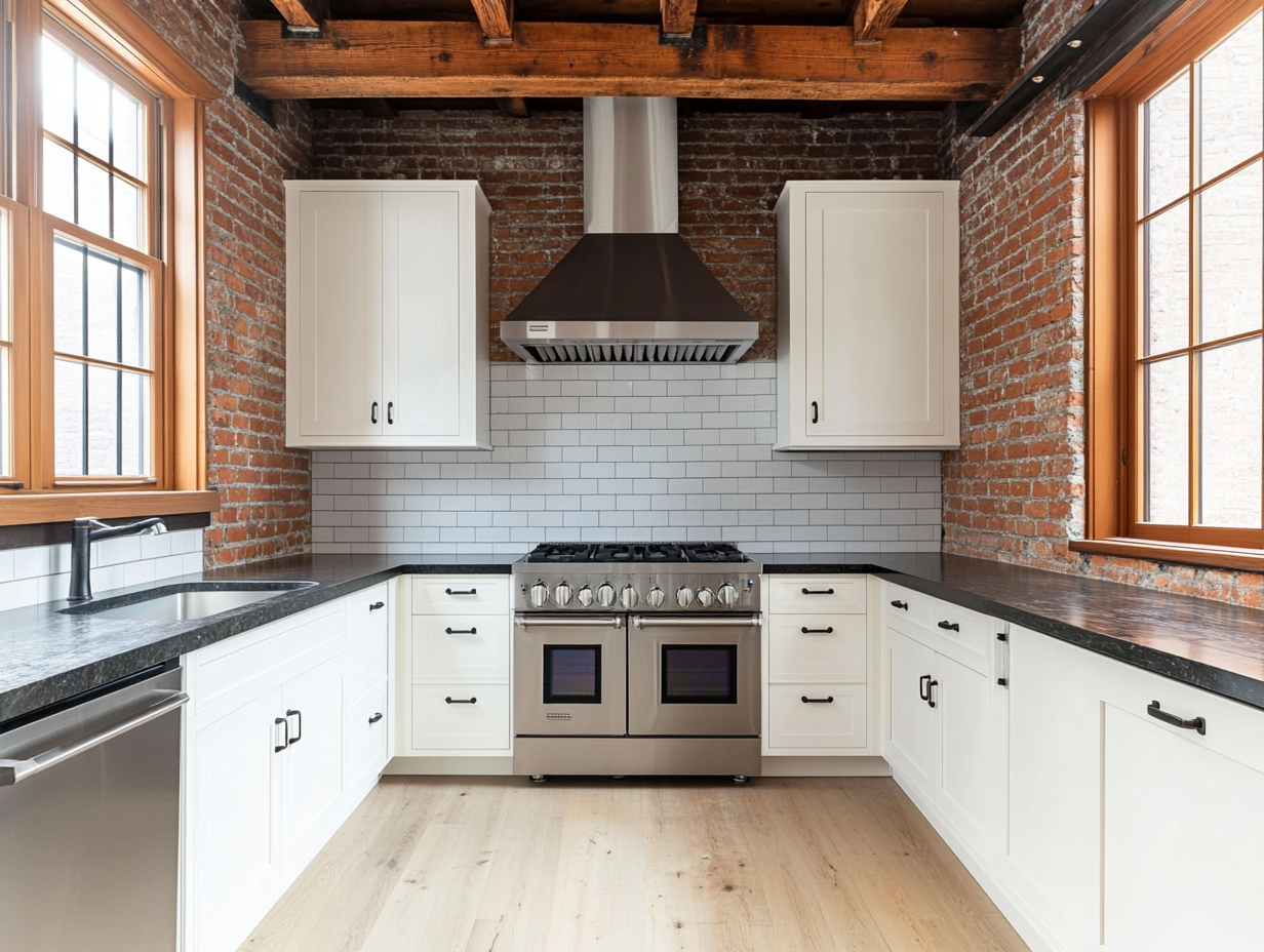 A bright kitchen featuring white cabinets, black granite countertops, and an old red brick wall with a stainless steel range hood above the stove, complemented by light wood plank flooring, natural light from large windows, and wooden ceiling beams, photographed in high detail with a Canon EOS R5 camera.