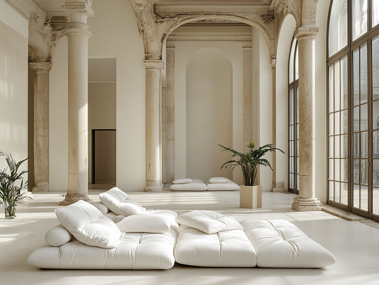 Large white square sofa with multiple cushions in an open space designed by Gabriele Salvadori, featuring high ceilings and tall columns, complemented by a soft fabric seating area with a wooden frame in front for additional relaxation.