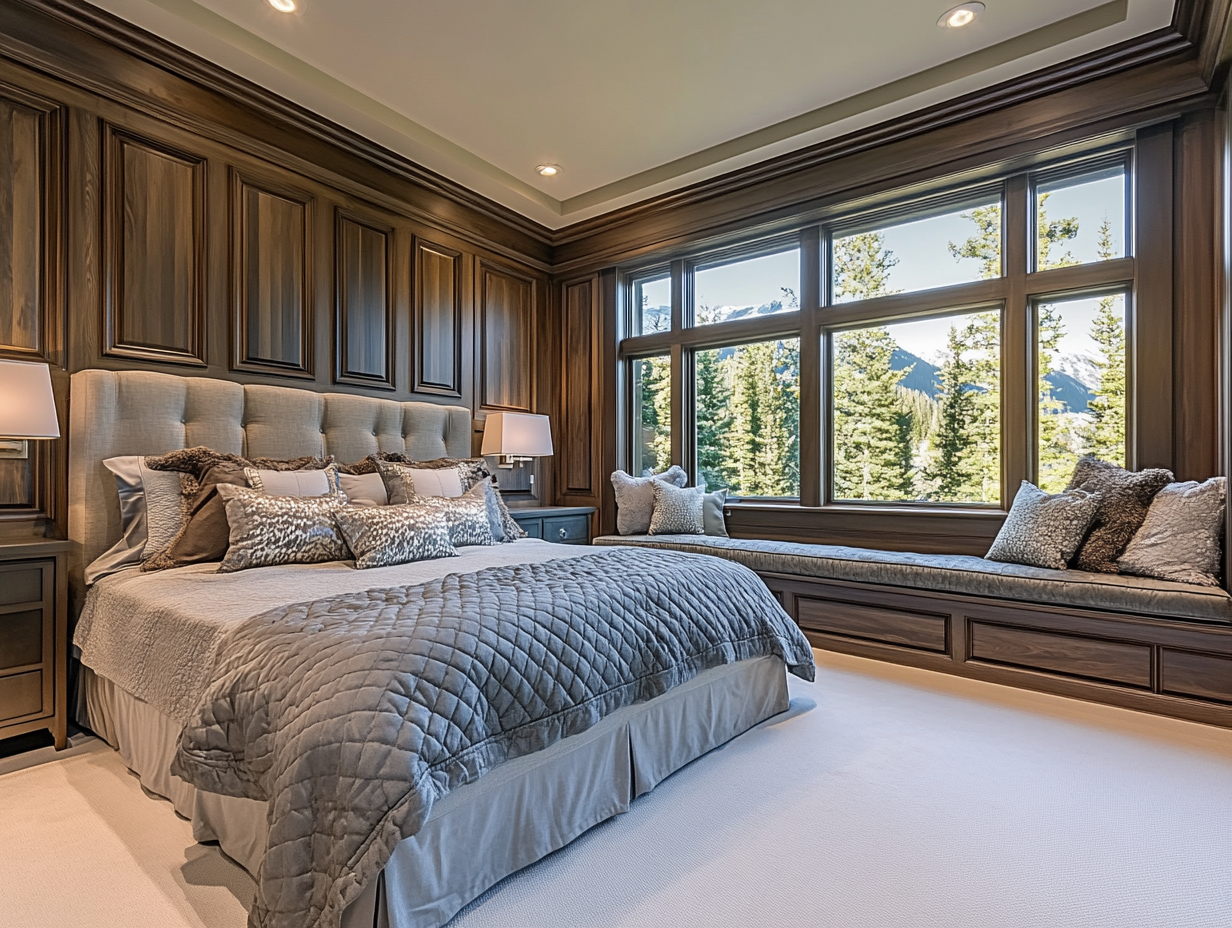 Luxury master bedroom with large grey and silver bedding, dark wood paneling on walls, carpeted floor, white ceiling trim, natural light streaming through windows, spacious window seat, and a neutral color palette reflecting high-end interior design.