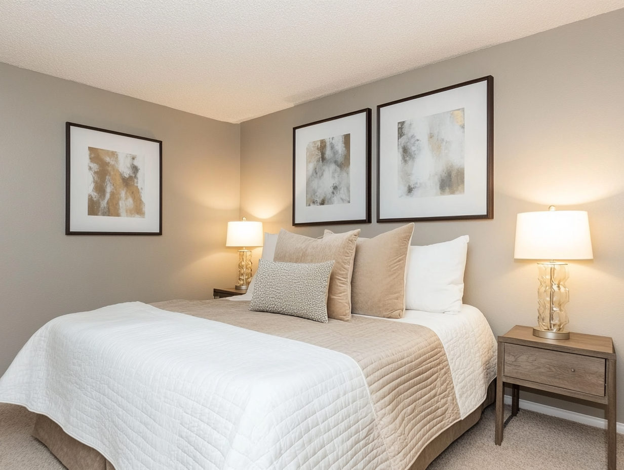 Master bedroom in an American-style home featuring gray walls, white bedding with beige pillows, framed art prints above the bed, and a nightstand, creating a cozy and inviting atmosphere with soft lighting that highlights the details of modern interior design.