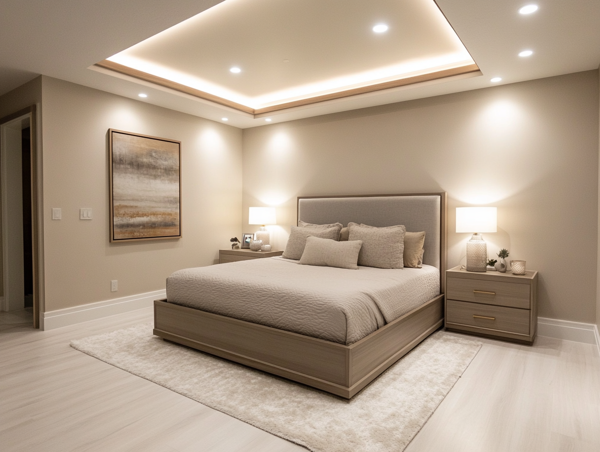 "Master bedroom featuring a central bed with a light grey headboard and footboard, white oak floors, two nightstands with lamps on each side, a white rug, neutral-colored walls, and a low ceiling with LED cove lighting."