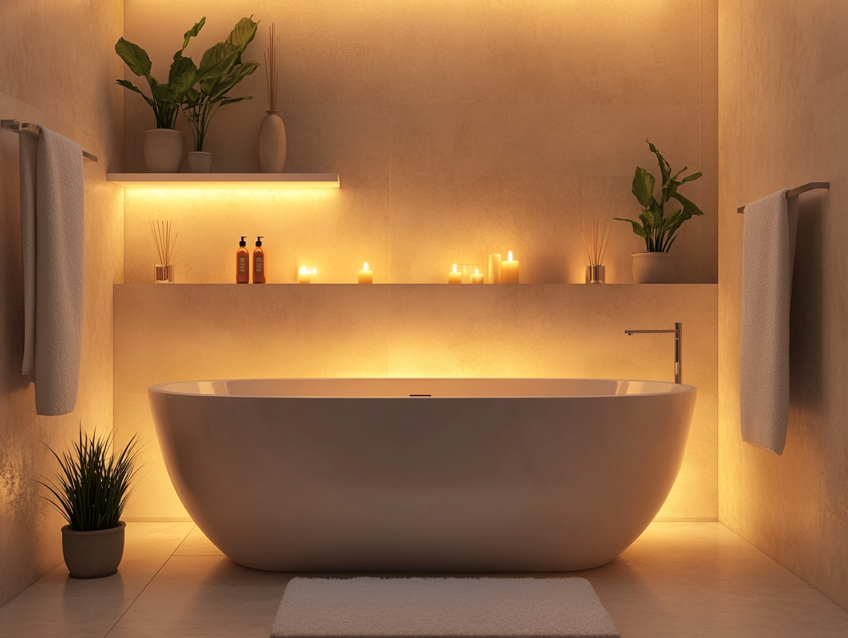 Modern bathroom featuring a white bathtub surrounded by warm lighting, candles, and potted plants on shelves above, with beige walls creating a calming atmosphere.