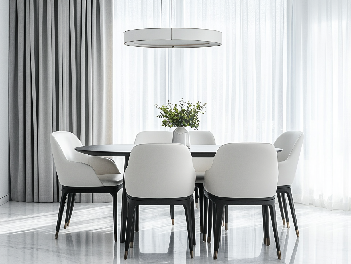 Modern dining room featuring white chairs and a black table, illuminated by sunlight streaming through sheer curtains, with white walls and a minimalist design, creating an elegant and luxurious atmosphere in a white and grey color scheme.