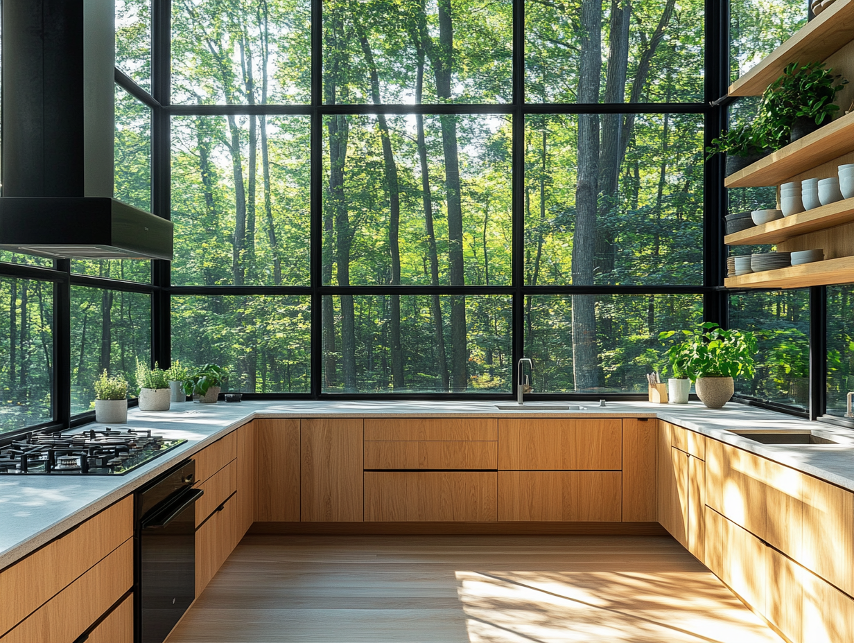 Modern farmhouse kitchen featuring large black steel windows overlooking a forest, white oak flooring, light wood cabinets, and green plants in the window sills, with sunlight streaming through the trees.