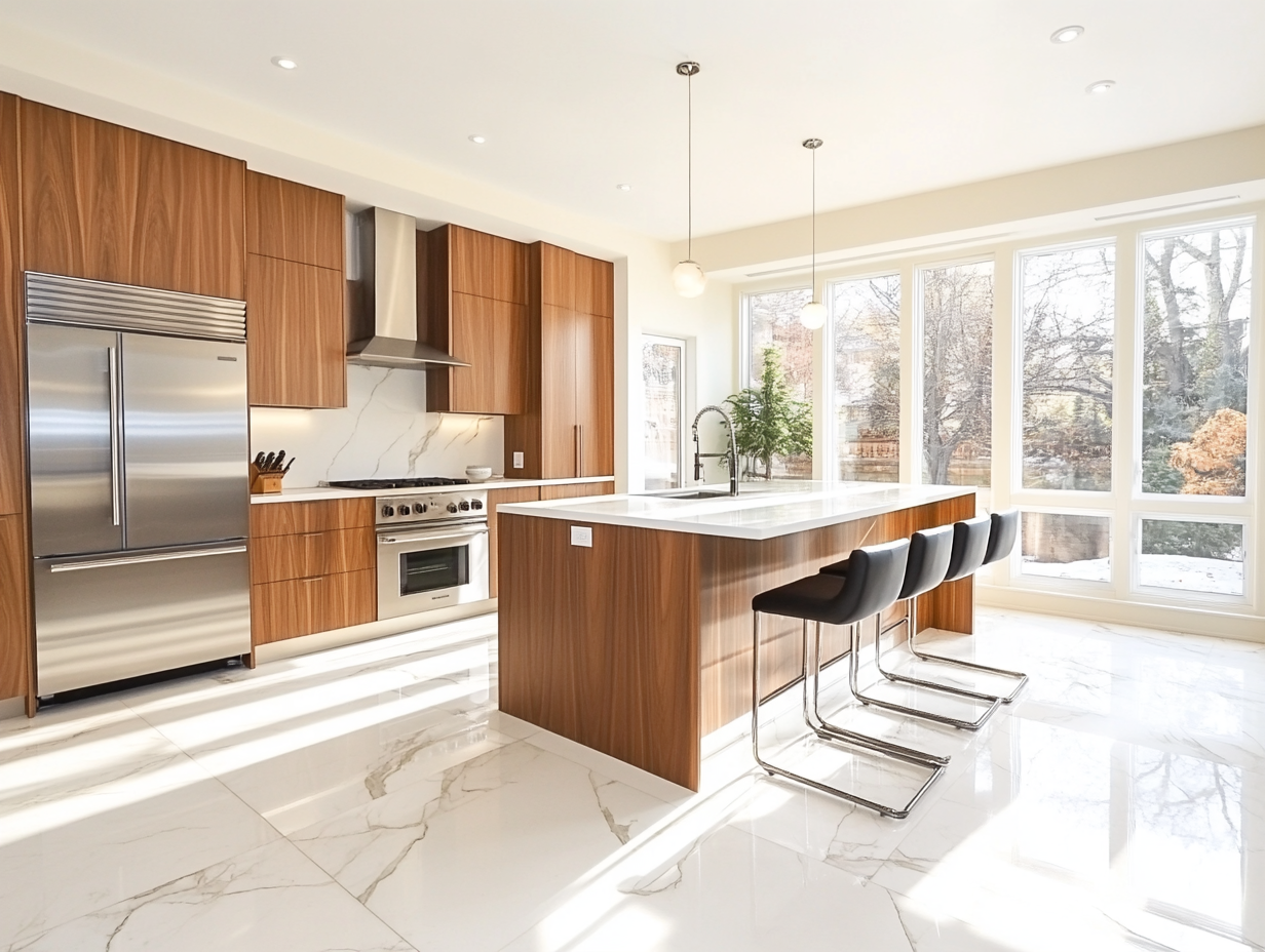 Ultra-realistic view of a modern kitchen in Montreal featuring white marble floor tiles, stainless steel appliances, sleek bar stools, wooden cabinets, and vibrant natural light streaming through windows, highlighting the glossy finish of the marble flooring.