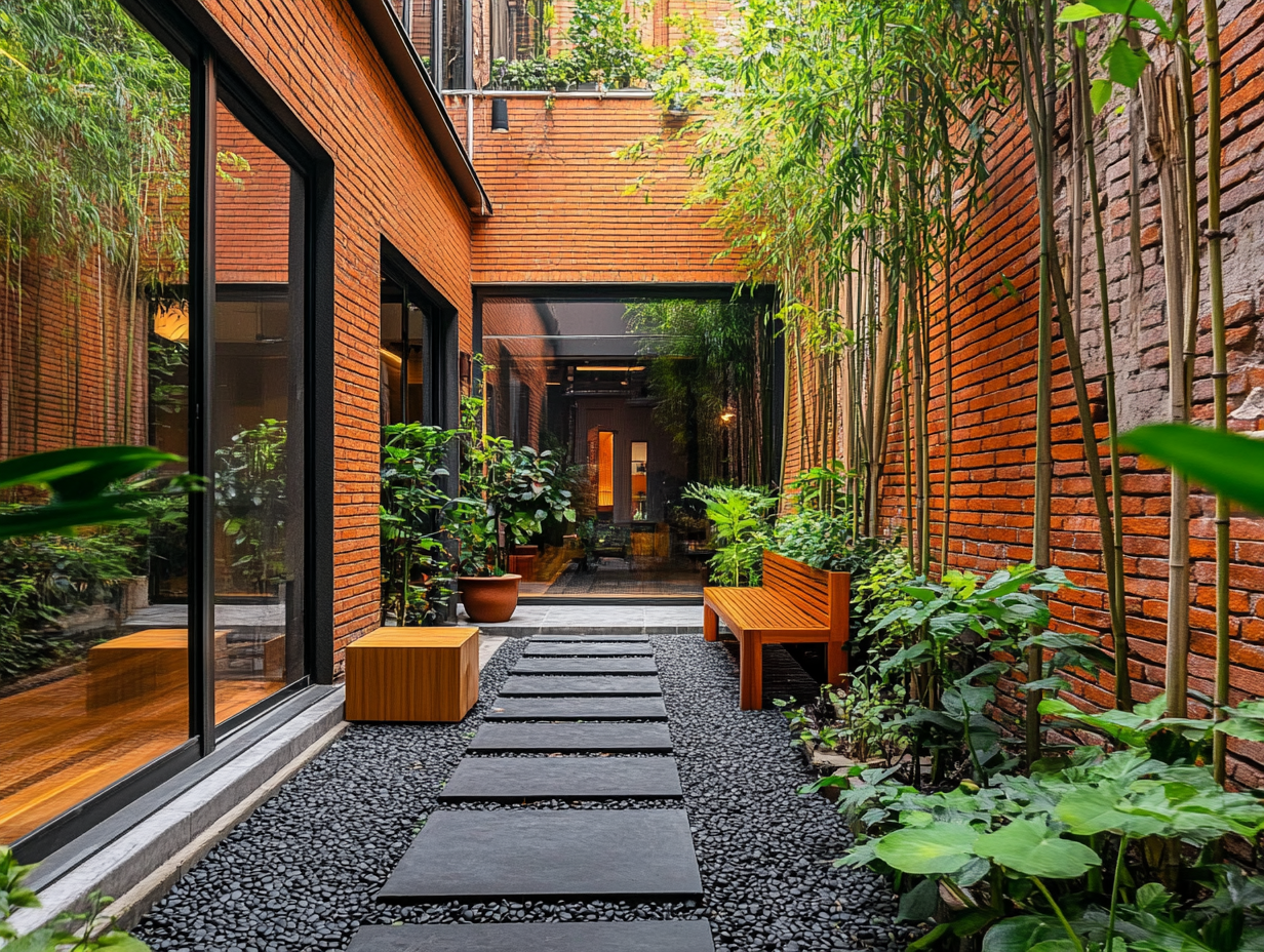 Narrow courtyard in city center featuring red brick walls, bamboo, elegant black pebble walkway with diagonal flat stones, wooden benches surrounded by green plants, and a glass door leading to a space filled with potted plants, creating a serene atmosphere.