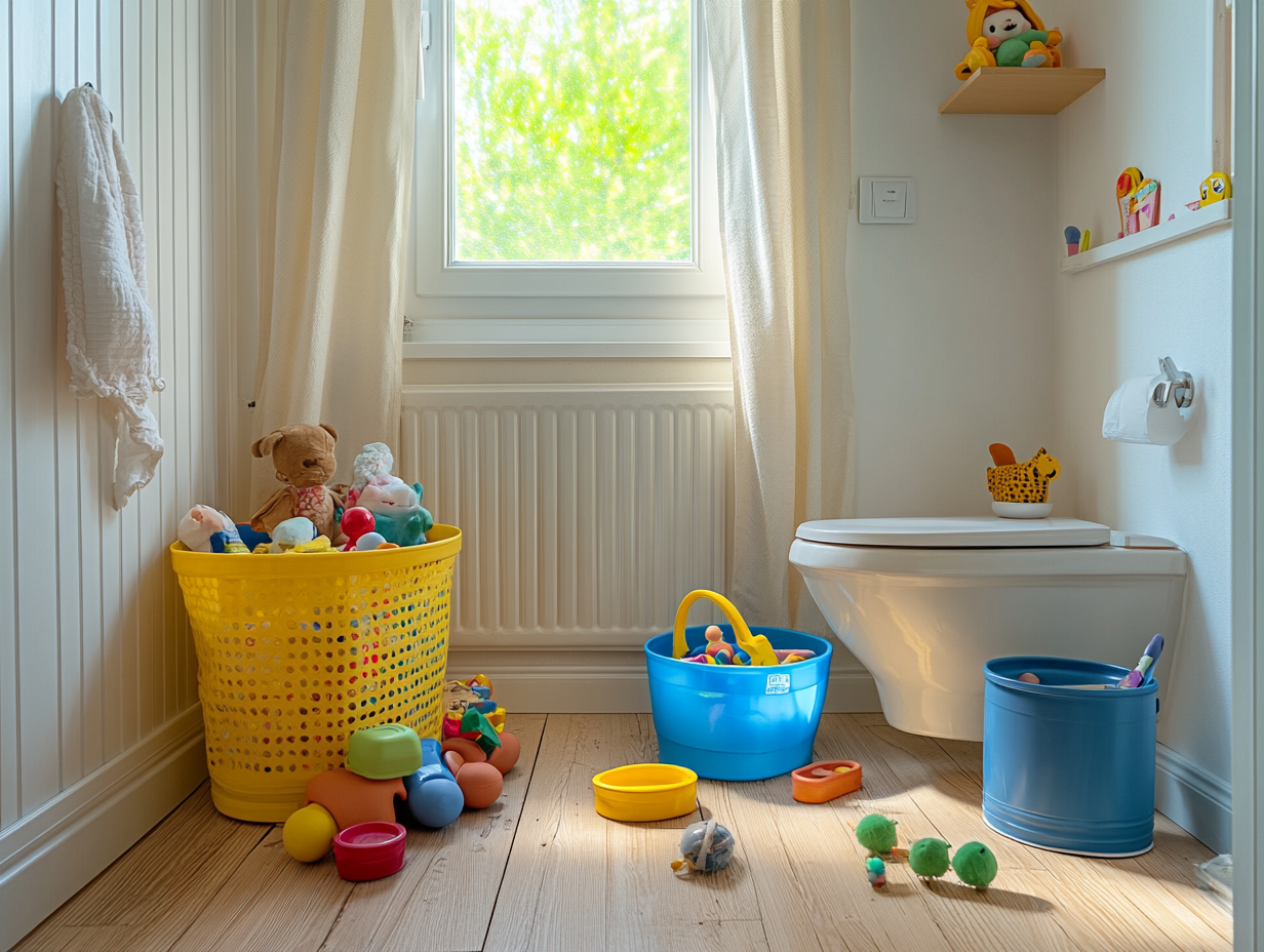 Bright nursery room with wooden floor, white walls, colorful toys in a yellow laundry basket, blue baby bucket near toilet, soft curtains, natural sunlight streaming through window, peaceful ambiance for newborns, captured with Nikon D850 and f/2 lens.