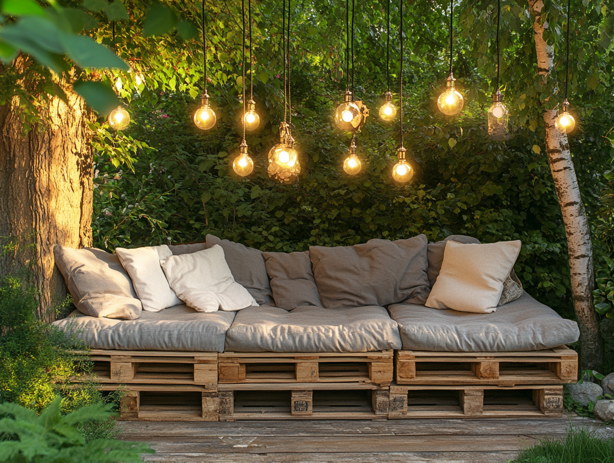 Outdoor seating area made from wooden pallets with comfortable cushions, adorned with hanging lights, surrounded by lush greenery and soft sunlight filtering through the leaves, creating a tranquil and warm atmosphere for relaxation or social gatherings.