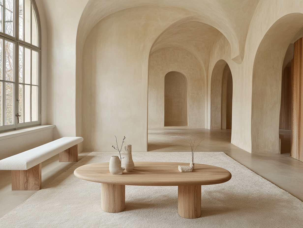 Ovoid oak wood coffee table on beige carpet in modern living room with white sofa and tall arched windows, featuring a wooden bench for seating, neutral tones, cream-colored curved plastered walls, and natural light, inspired by architectural digest photography.