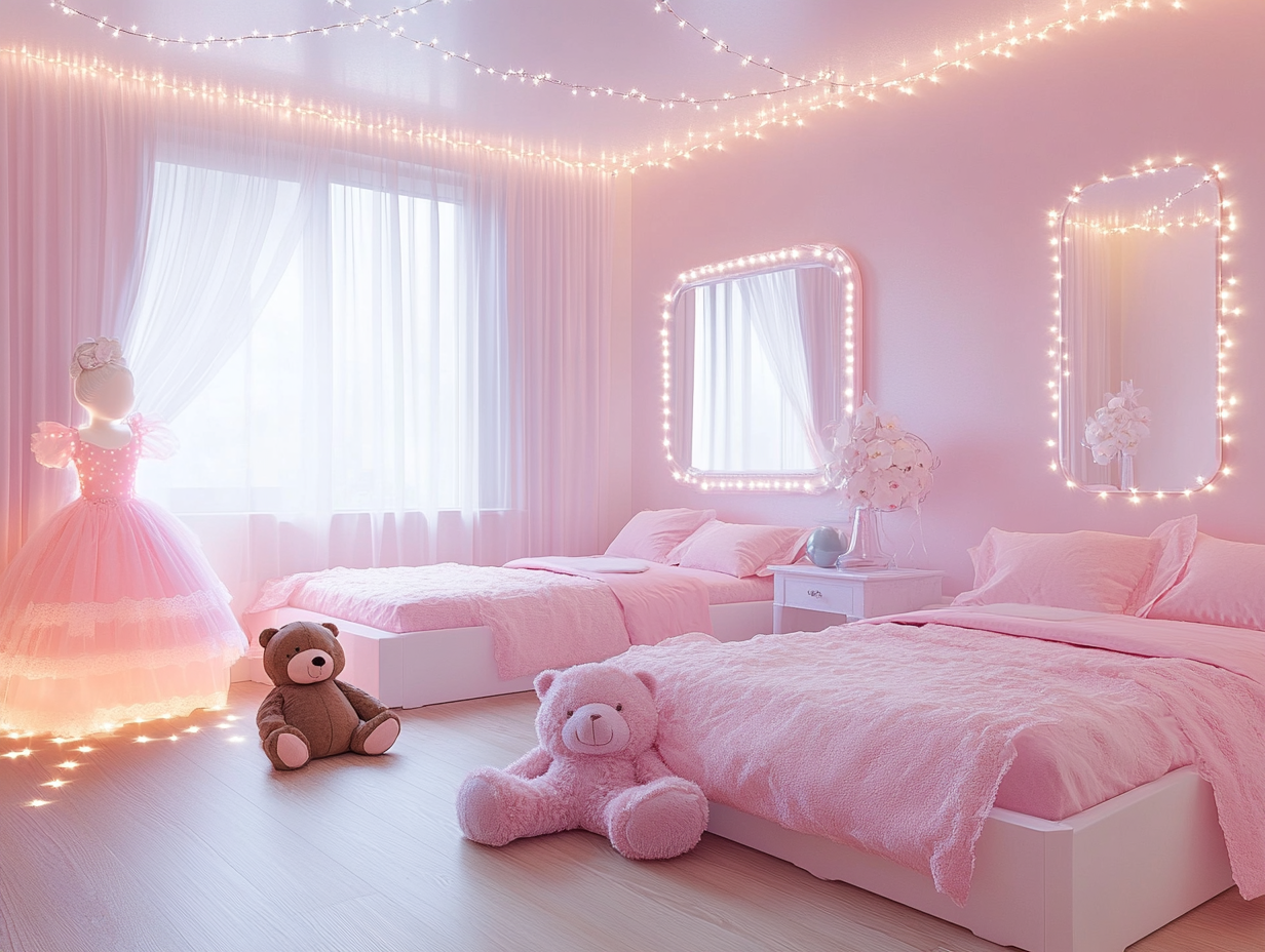 "Cozy pink and white girl's bedroom featuring two beds facing each other, a large mirror above one bed, a small table in between, a teddy bear on the wooden floor, string lights in the corner, a ballerina dress on the left wall, and sheer curtains on the window."