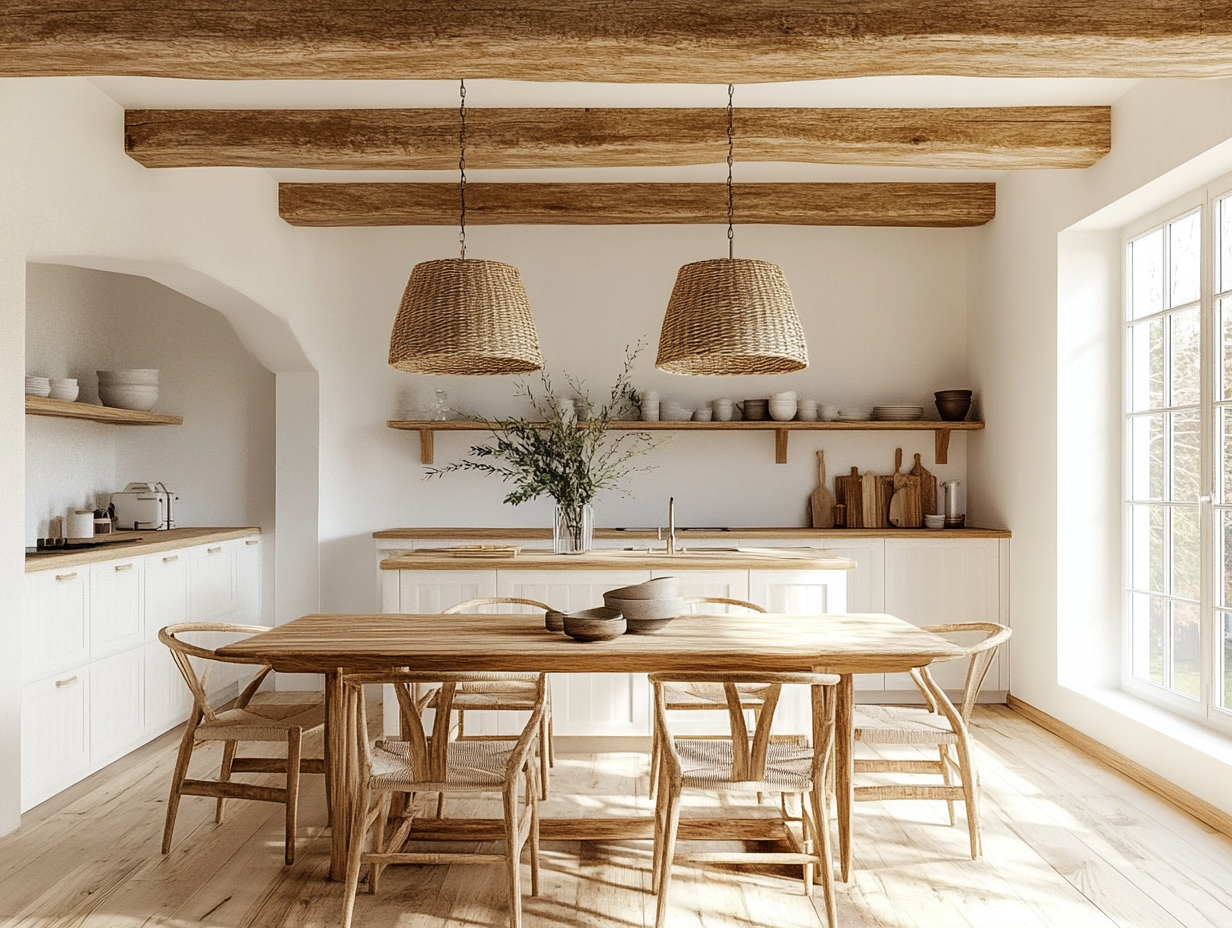 Rustic farmhouse kitchen featuring natural wood beams, white cabinets and island, a central dining table with chairs, pendant lights above the wooden table, a neutral color scheme with white walls, clean lines, soft lighting, and a spacious layout in high-resolution photography.