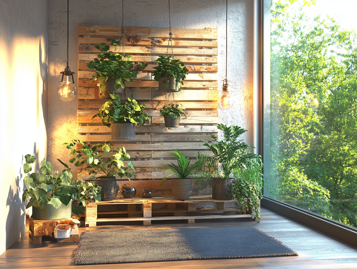 Rustic wooden terrace with plants and hanging pots, featuring an old pallet garden wall full of greenery, large windows offering a forest view, and warm lamp light creating a cozy ambiance.