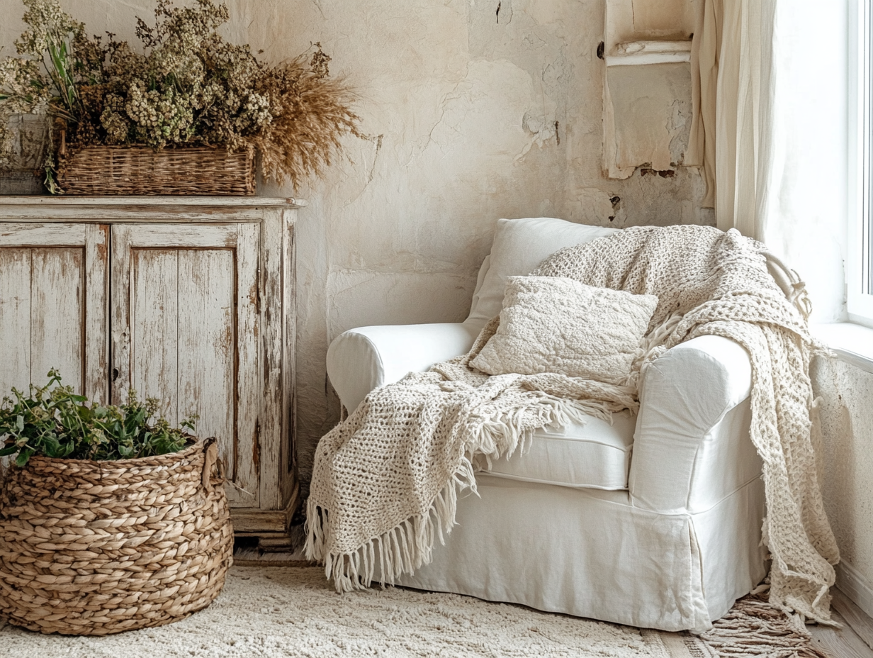 Shabby chic living room featuring an old white armchair, rustic sofa, and antique cabinet, adorned with a crocheted blanket. Soft cream walls create a cozy atmosphere, complemented by a woven basket filled with plants. A large window allows natural light to illuminate the delicate details of the furniture.