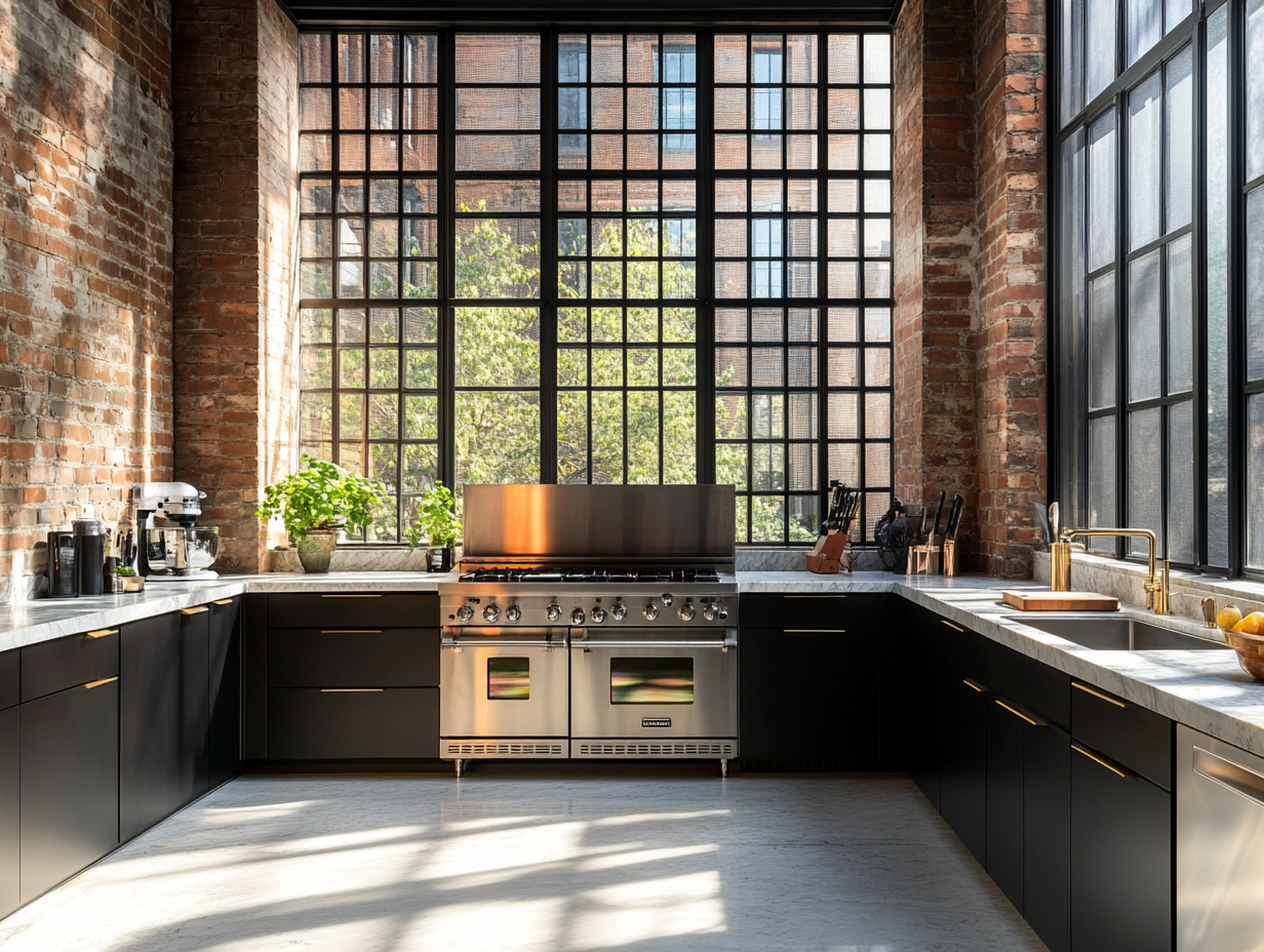 Sleek stainless steel kitchen with black cabinets and marble countertops, featuring a high-end oven and cooking utensils, large windows overlooking an industrial brick wall, showcasing urban sophistication and rustic charm with natural light streaming in.