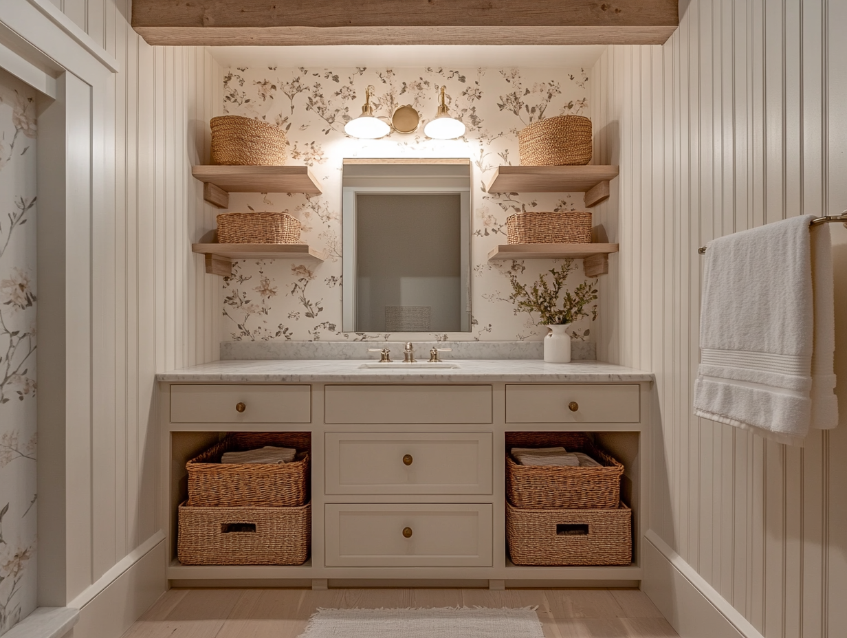 "Beautiful small bathroom with wainscoting, light wood beams on the ceiling, white oak floors, floating shelves, pale floral wallpaper, large marble-top vanity with storage baskets, and warm overhead lighting."