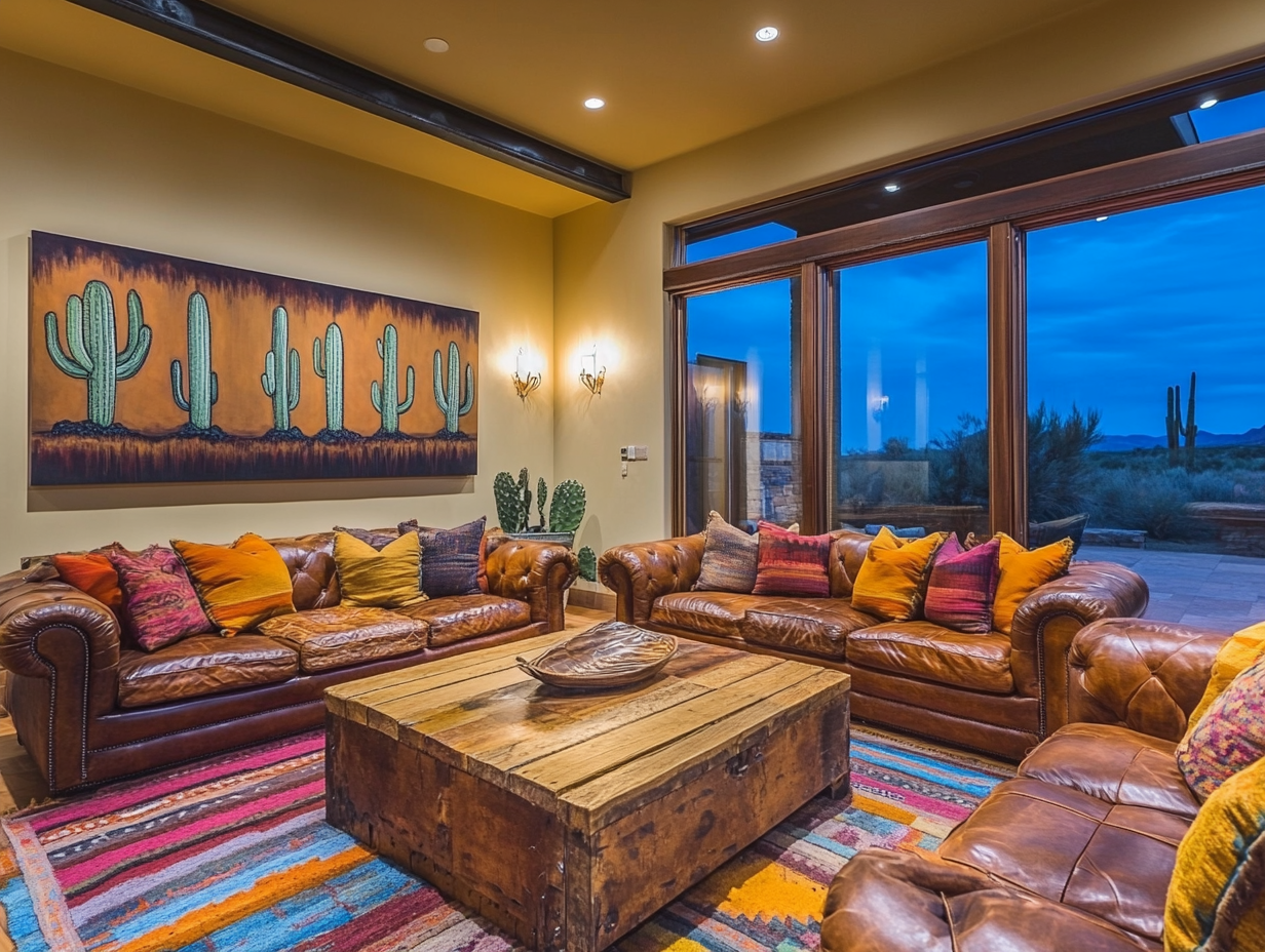 Elegant Southwestern design living room with leather couches adorned with colorful cushions, cacti wall art, and large windows showcasing a desert landscape at night, featuring a wooden coffee table on a multi-colored rug and warm lighting from sconces for an earthy ambiance.