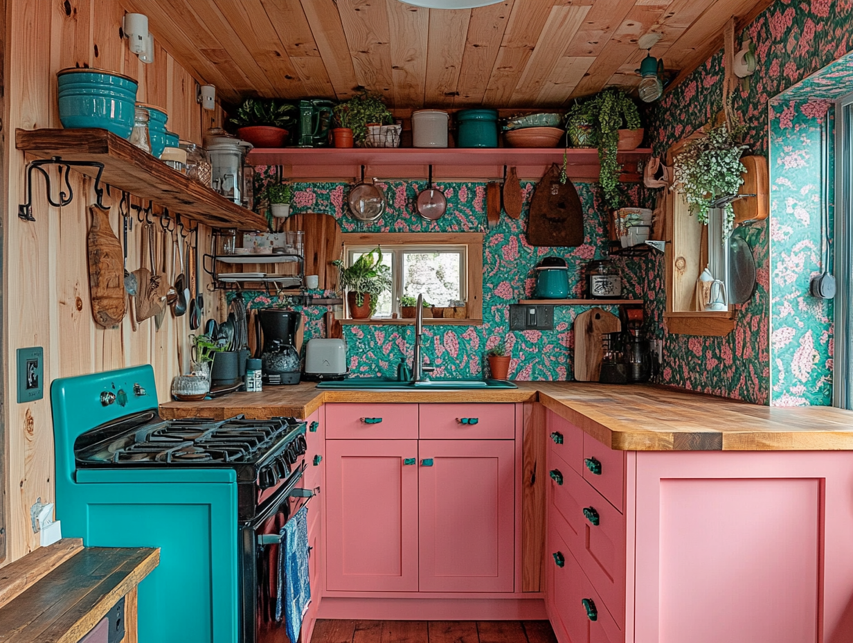 A tiny house kitchen featuring pink cabinets and teal accents, wood paneling on the walls and ceiling, colorful wallpaper patterns, rustic wooden floor, and potted plants hanging from shelves above the stove area.