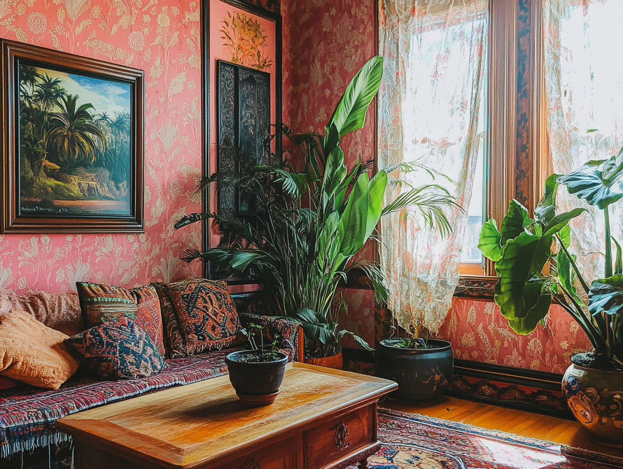 "Vintage living room in an old Victorian house with rich pink and orange patterned wallpaper, plush cushions around a wooden coffee table, large potted plants, a tropical landscape painting, and soft sunlight filtering through sheer curtains."