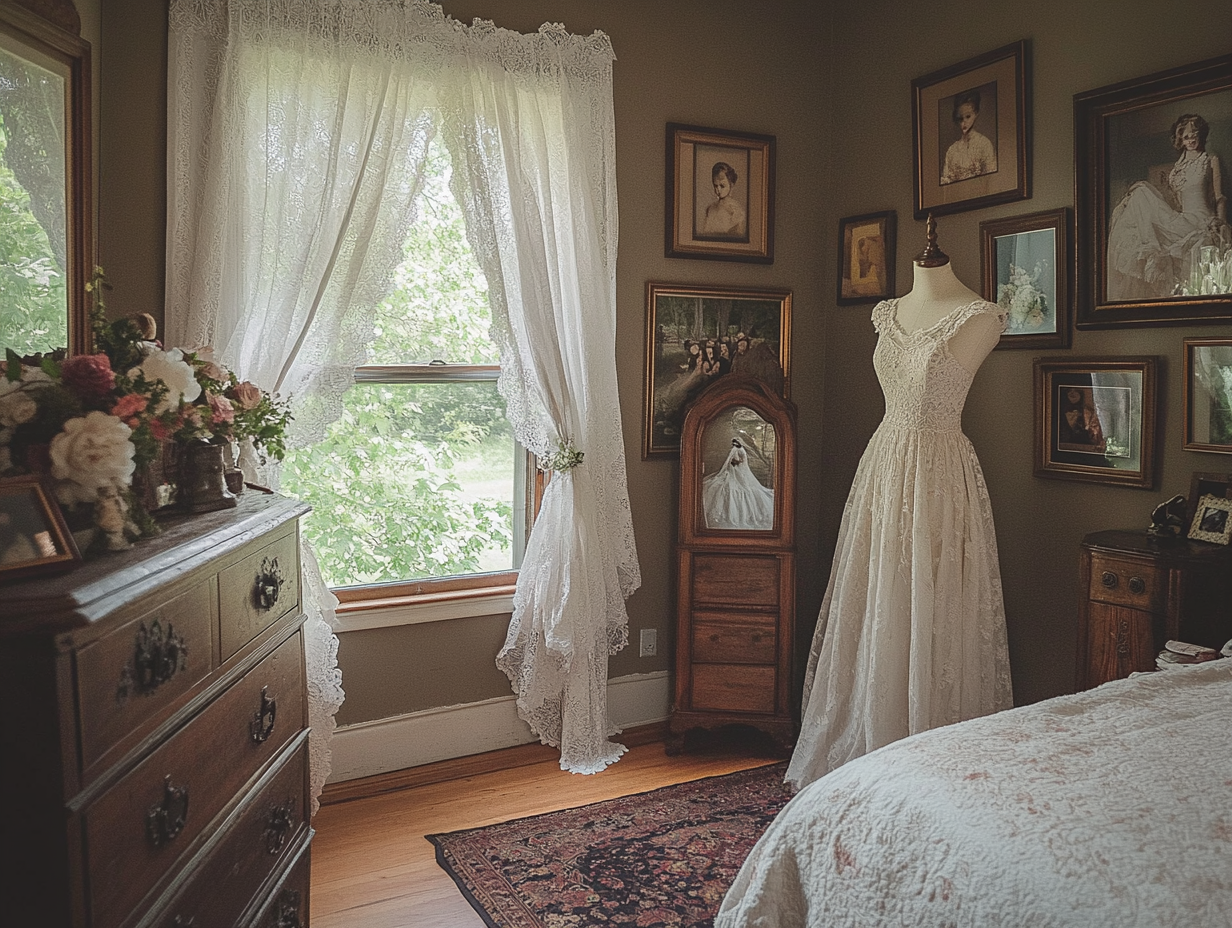 "Cozy cottagecore bedroom featuring a vintage dress mannequin, floral curtains, an antique wooden dresser filled with framed pictures of a bride in her wedding gown, and a large window with sheer white lace curtains overlooking a garden, all in soft lighting that enhances rustic charm."