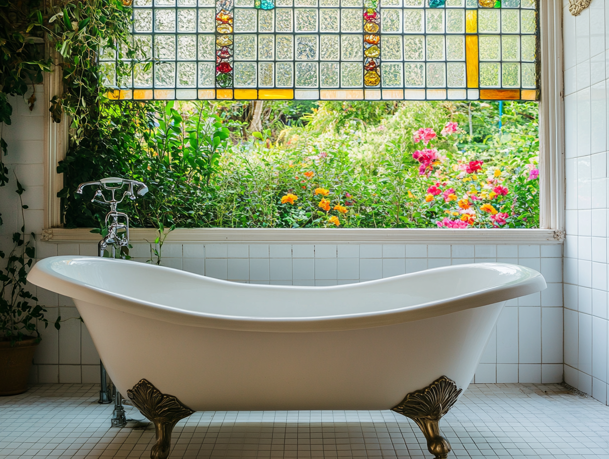 Claw-foot bathtub in a vintage bathroom with stained glass window showcasing lush greenery and colorful flowers, surrounded by white tiled walls and floor, capturing a serene atmosphere in natural lighting.