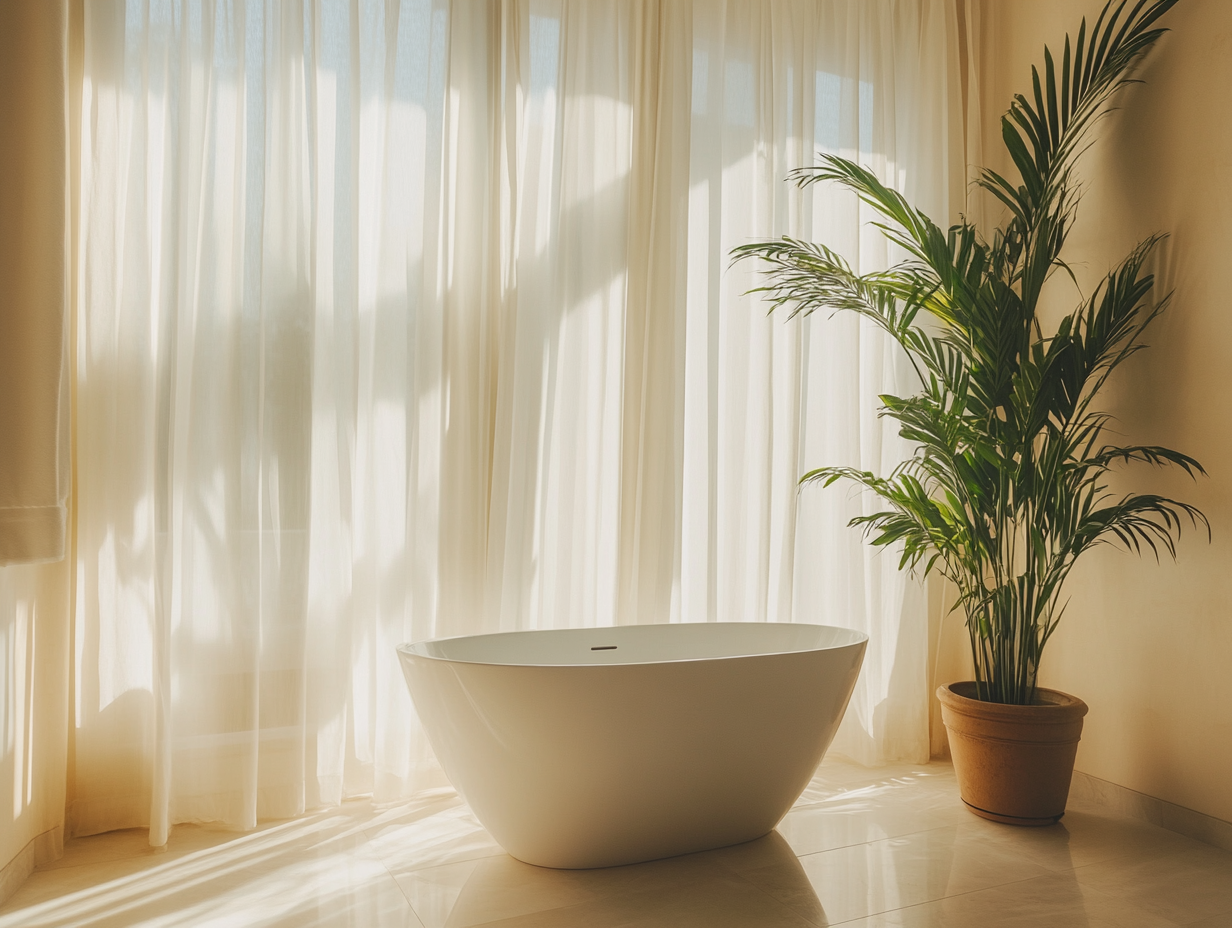 "Elegant white bathtub in a sunlit bathroom with sheer curtains, soft beige walls, large window, and potted plant, captured in minimalist style using Canon EOS R5 at f/8 for magazine photography."