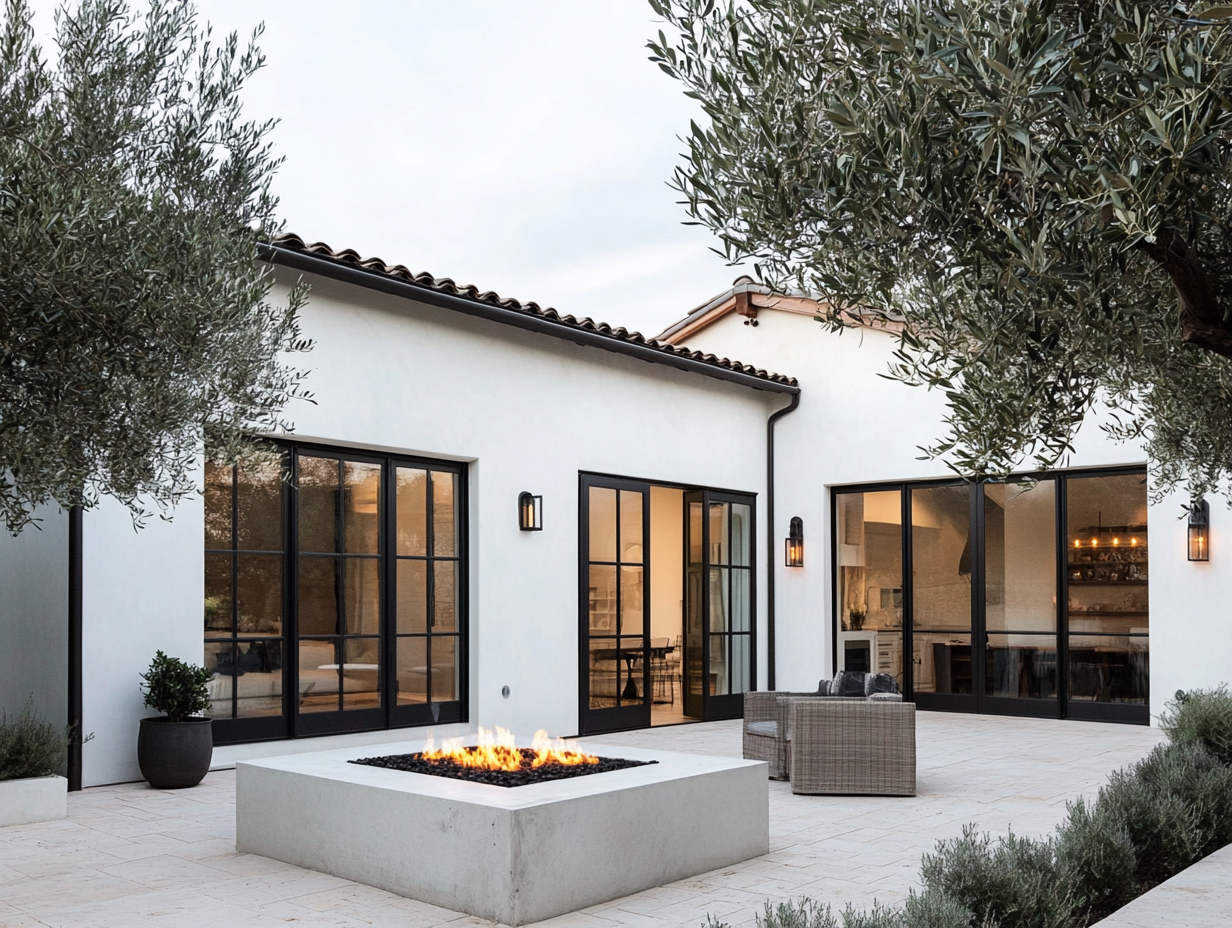 Modern farmhouse-style patio featuring a fire pit, large windows with black steel frames, and olive trees, allowing natural light to illuminate the space.