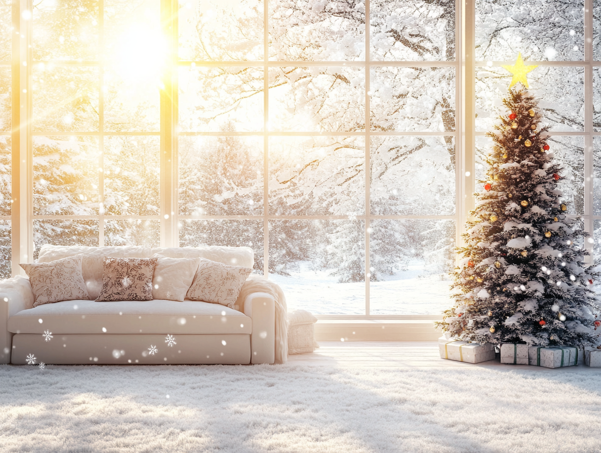 "Cozy winter living room scene featuring a white sofa and decorated Christmas tree, with large snowflakes on panoramic windows, warm sunlight illuminating the space, and elegant white carpet flooring, showcasing a serene snowy landscape for New Year's Day."