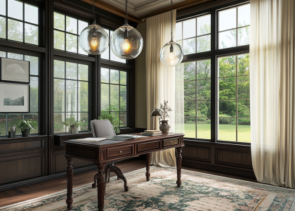 Antique desk with two hanging glass globe lights in an elegant home office, featuring dark wood accents, a vintage rug, and expansive windows overlooking greenery, blending classic charm with modern sophistication.