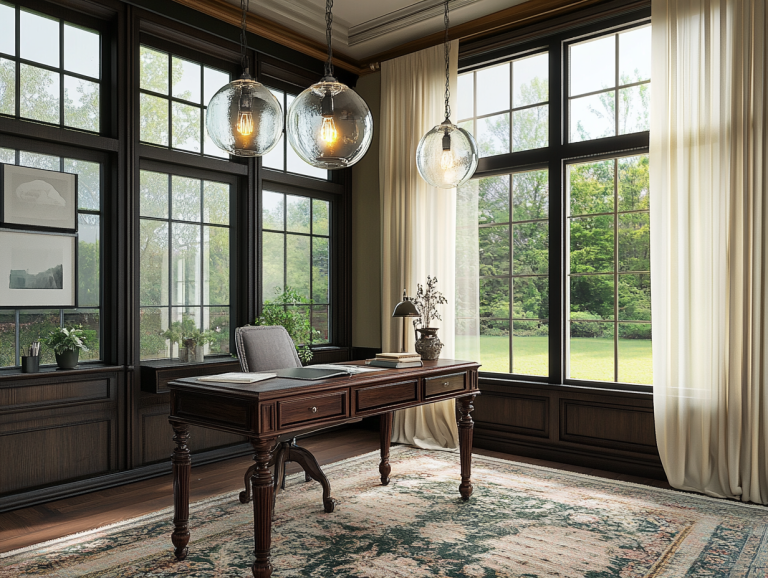 Antique desk with two hanging glass globe lights in an elegant home office, featuring dark wood accents, a vintage rug, and expansive windows overlooking greenery, blending classic charm with modern sophistication.