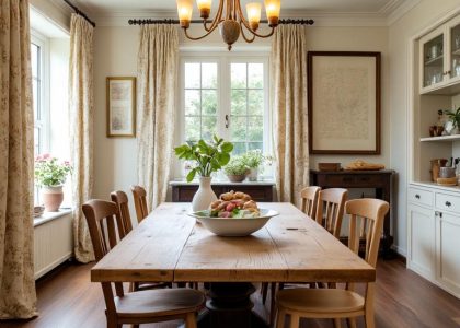 Vintage French country dining room with a sturdy wooden table, mismatched chairs, delicate chandeliers, floral-patterned curtains, and a warm ambiance, evoking the scent of fresh bread from the kitchen.