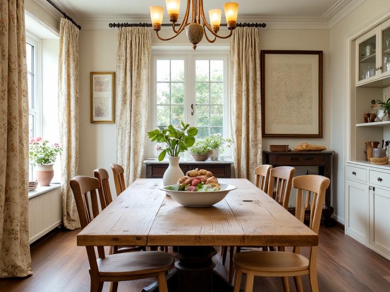 Vintage French country dining room with a sturdy wooden table, mismatched chairs, delicate chandeliers, floral-patterned curtains, and a warm ambiance, evoking the scent of fresh bread from the kitchen.