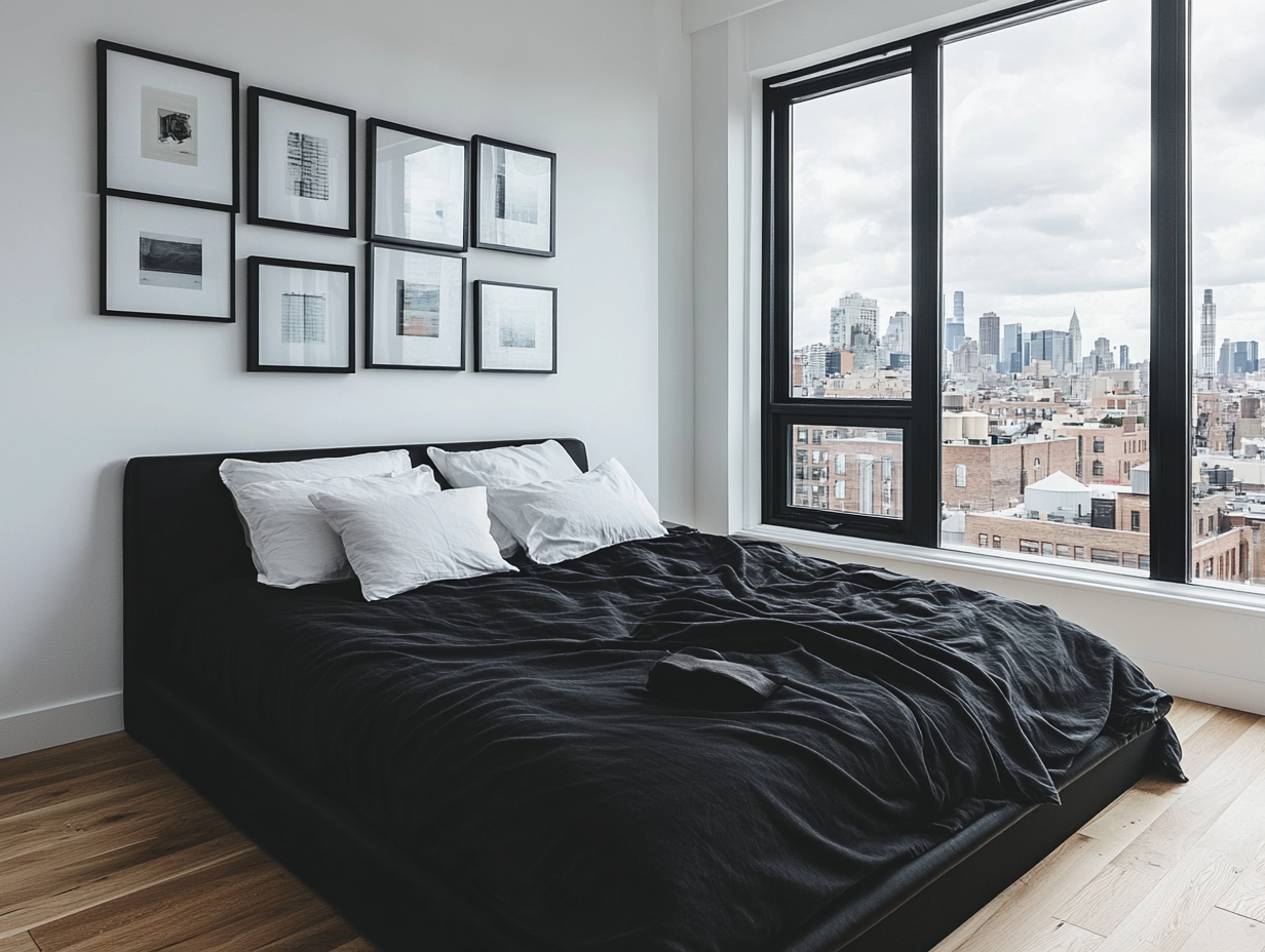 Minimalist bedroom with a black bed in the center, large windows showcasing the city skyline, white walls, and light wooden floors. The Scandinavian design features black sheets, white pillows, and a black blanket on the bed, with white square picture frames above the headboard, illuminated by sunlight.