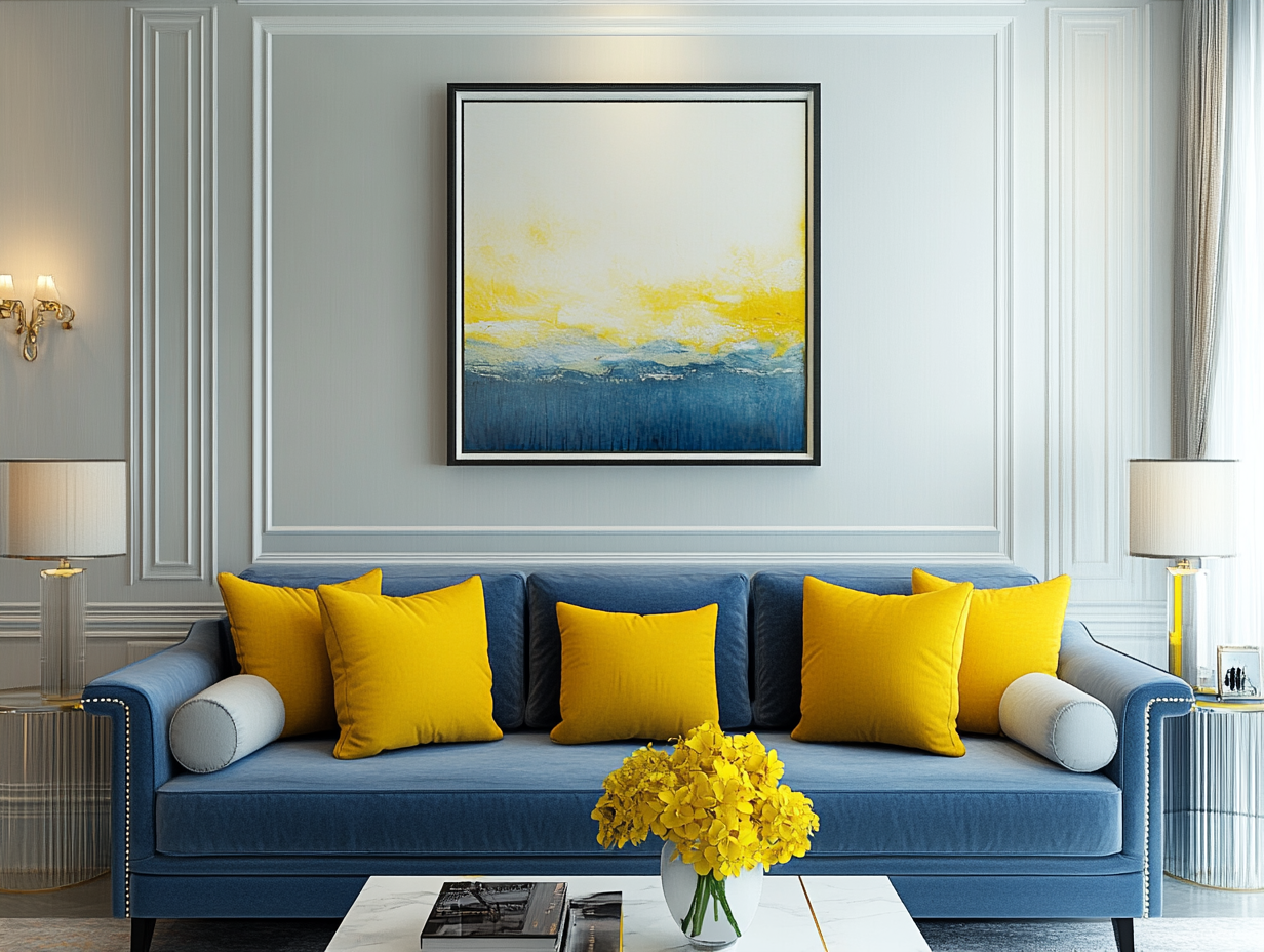 Luxurious living room featuring a large blue sofa with yellow pillows, modern art on light gray walls with white trim, and a coffee table adorned with yellow flowers in vases, captured with a Canon EOS R5 camera.